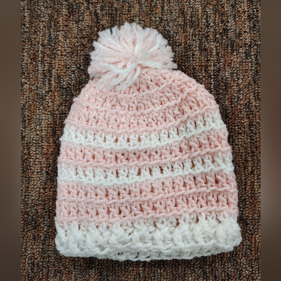 Handmade White and Pink Pom Pom Hat - Picture 1 of 1